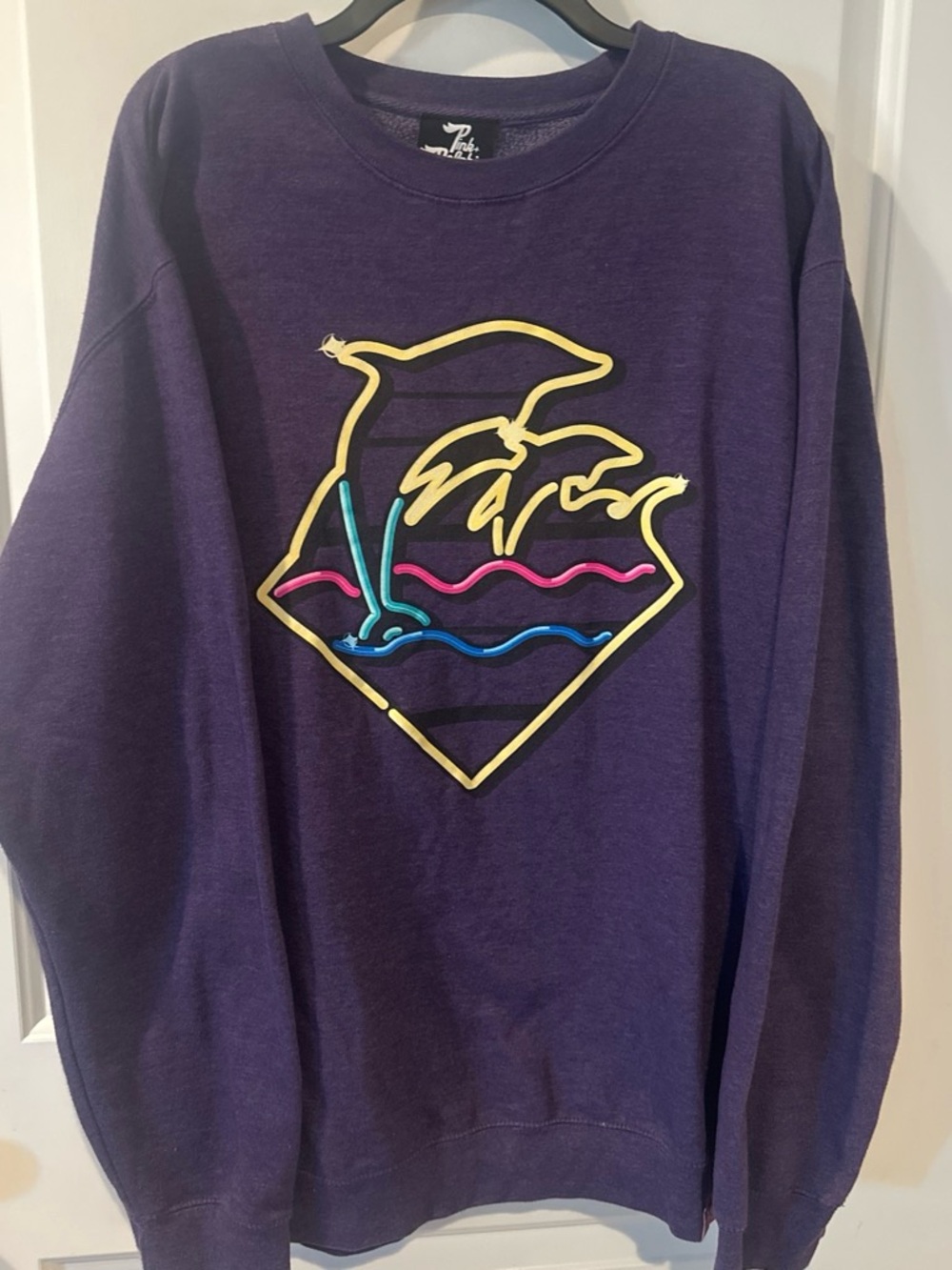 Pink Dolphin Purple Crewneck Sweatshirt with Neon Palm Wave Graphic